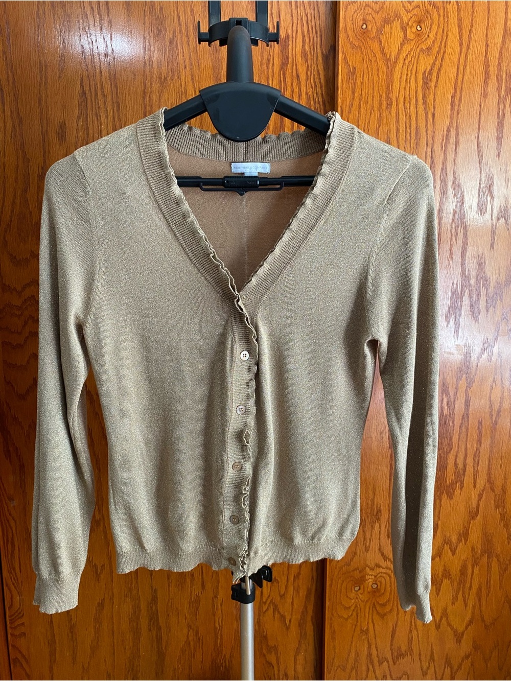 New York & Company Tan Ruffle-Trim V-Neck Cardigan